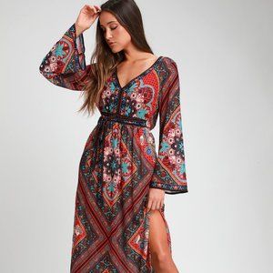Serenade Red Multi Print Bell Sleeve Maxi Dress